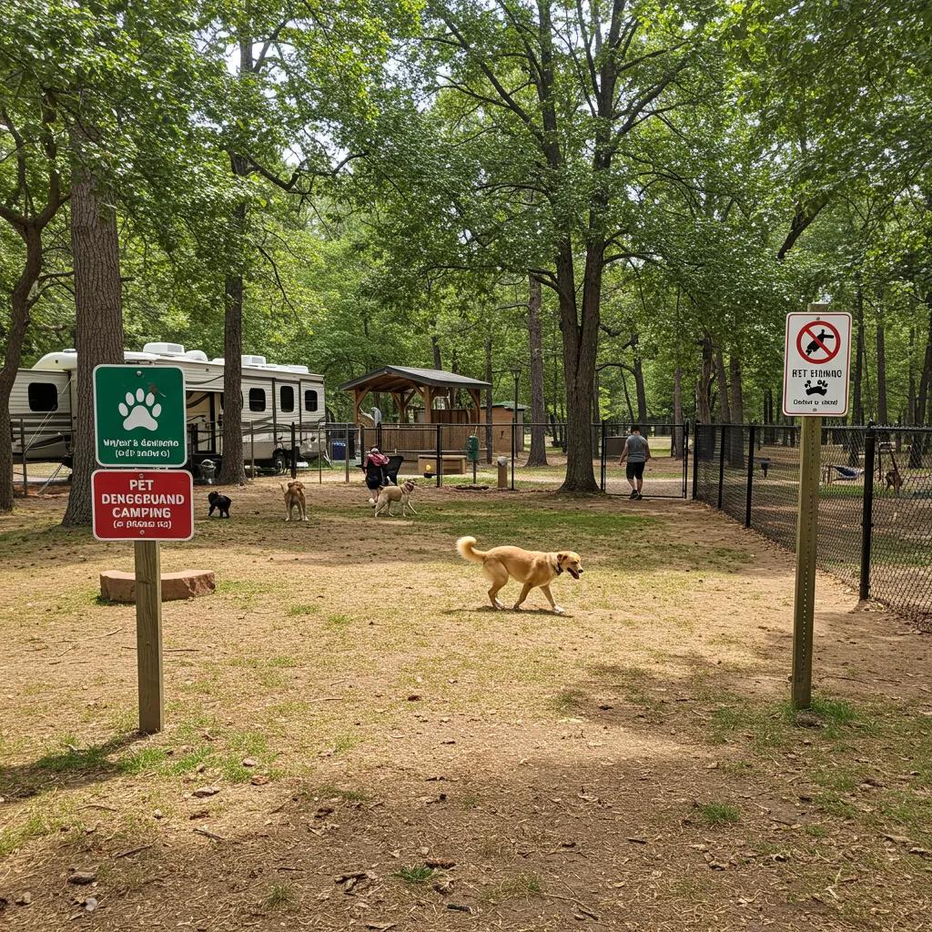 Happy dog playing in a pet-friendly campground area, showcasing pet policies and a welcoming environment for campers with pets