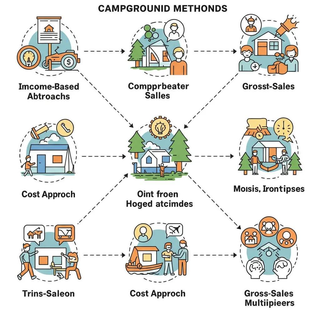 An illustration showing campground valuation methods, including income approaches, comparable sales, and cost approach