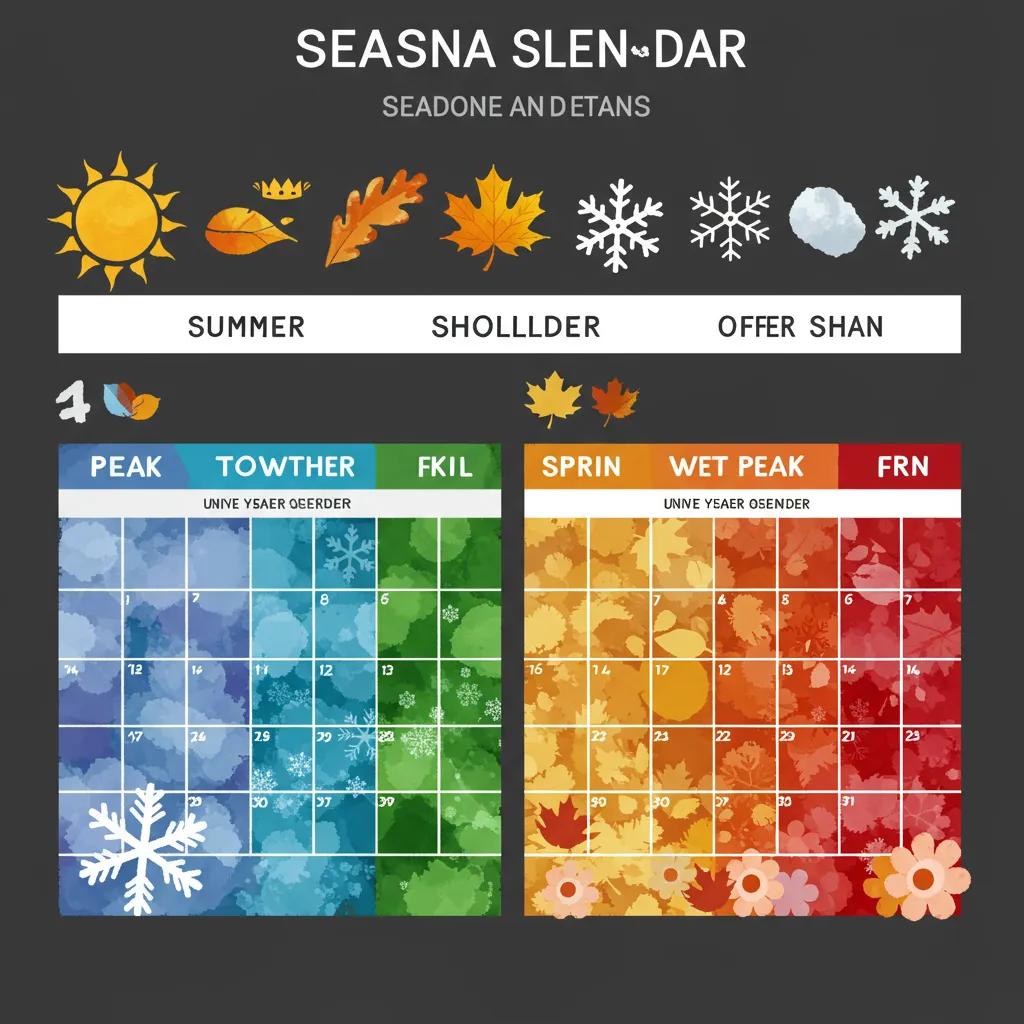 Illustration of seasonal changes at Walnut Hills Family Campground, showcasing peak, shoulder, and off-peak seasons with vibrant seasonal symbols