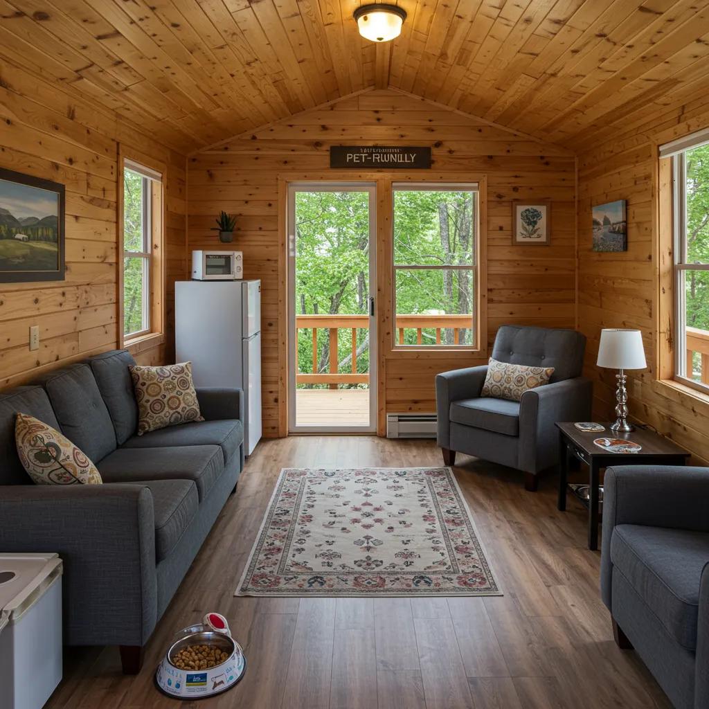 Inside a pet-friendly cabin, showcasing a kitchenette and thoughtful pet amenities