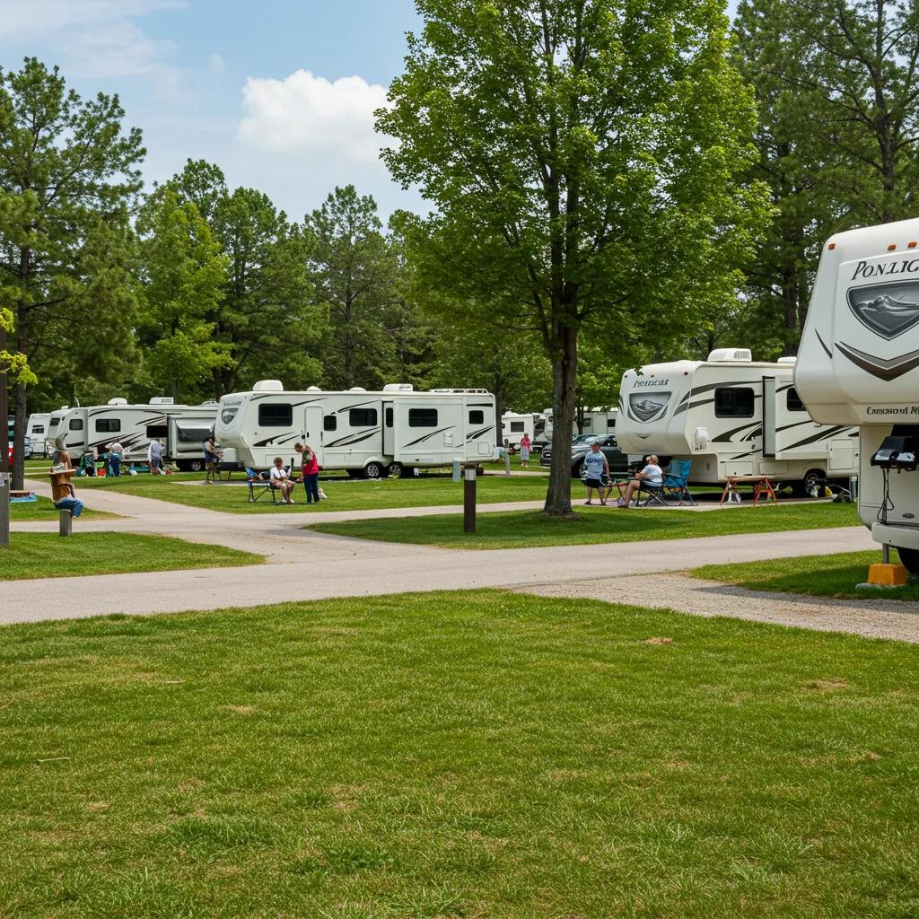 Inviting campground scene with families enjoying nature, representing the role of a trusted campground broker