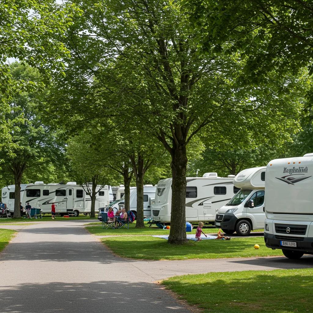 Inviting campground scene with families enjoying outdoor activities in a well-maintained RV park