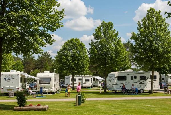 Inviting campground scene with families enjoying outdoor hospitality
