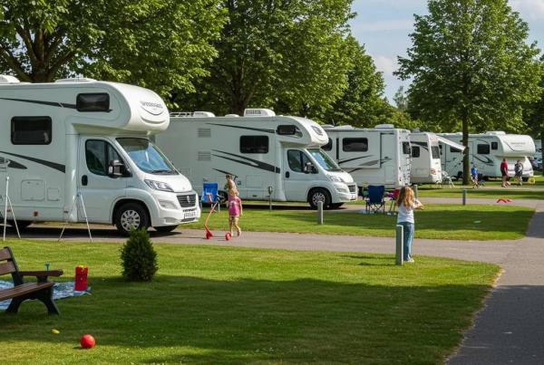 Inviting campground scene with RVs and families enjoying outdoor activities