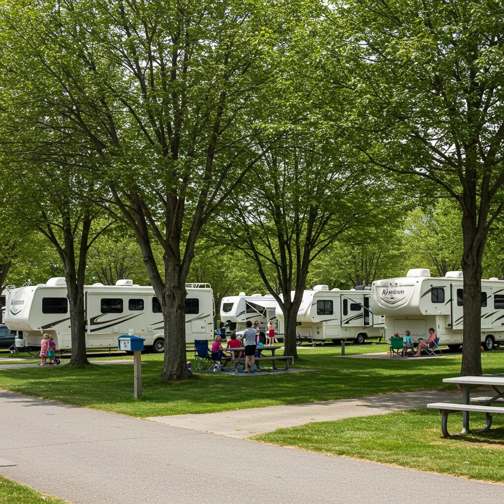 Inviting campground scene with RVs and families enjoying outdoor activities