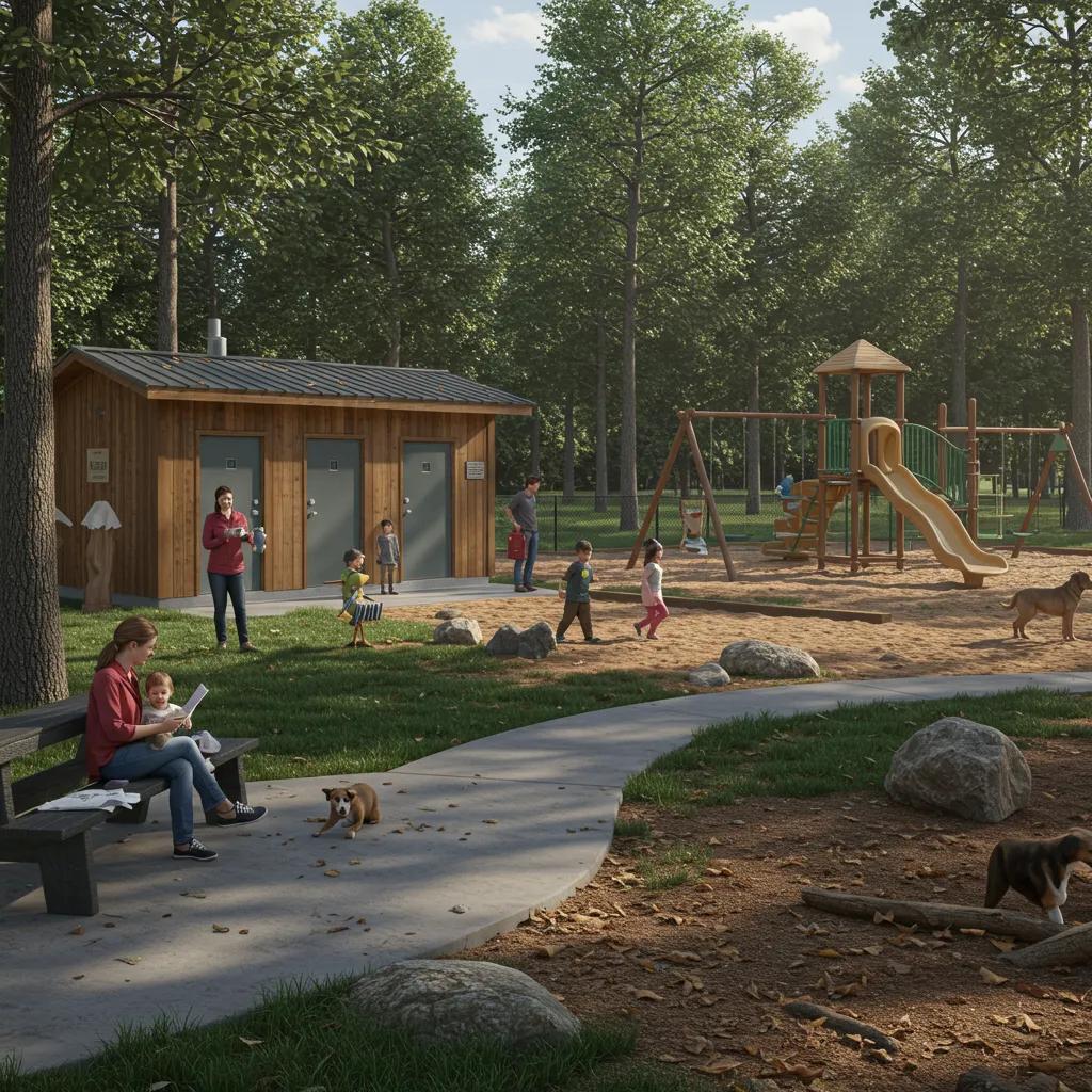 Key family-friendly amenities at Camp Dearborn, including playgrounds, renovated bathrooms, and a dog park