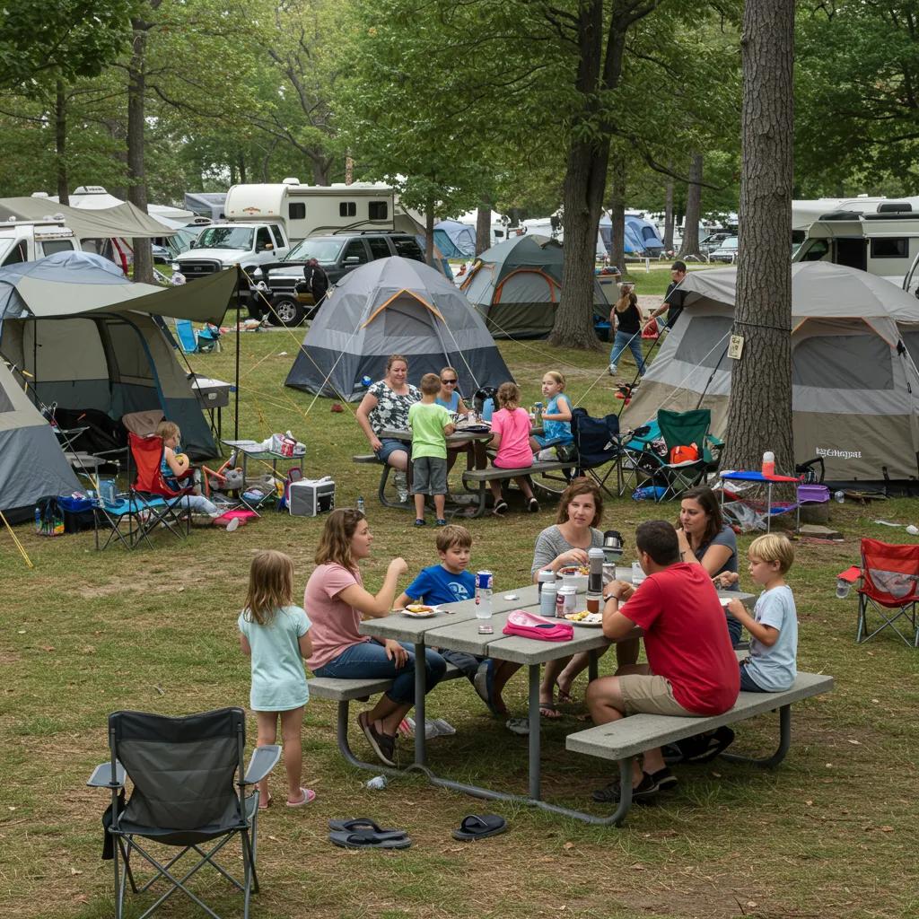 Large family reunion at Walnut Hills Family Campground with tents and a picnic gathering