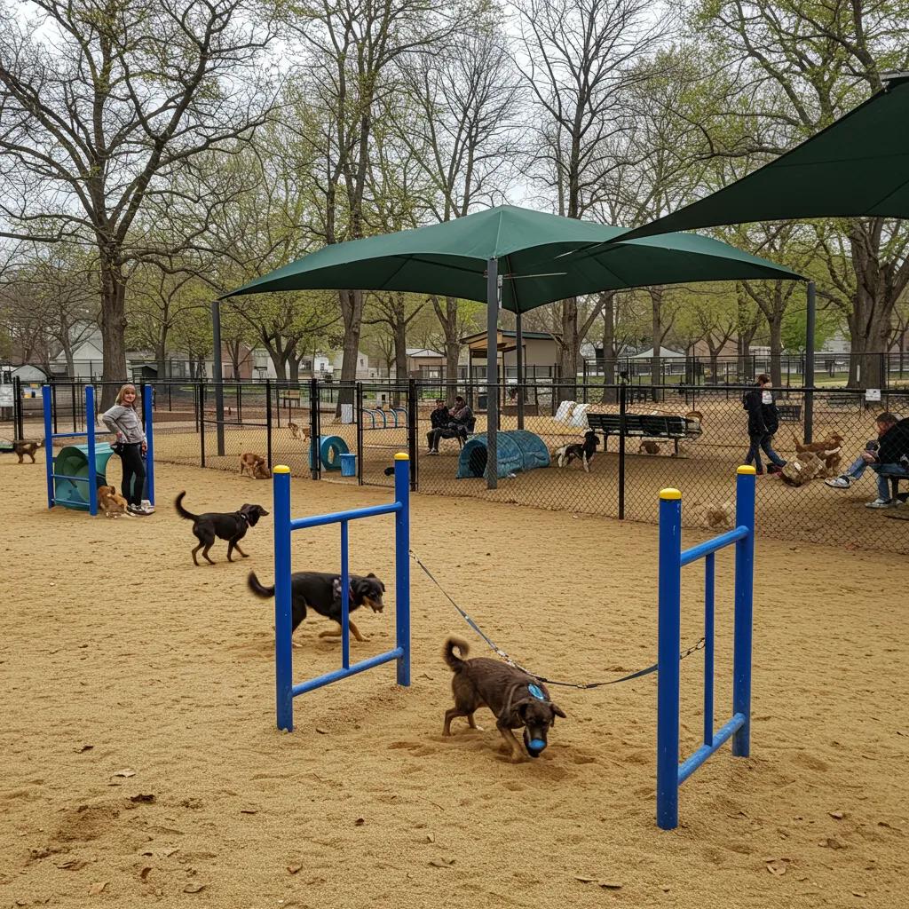 Large fenced dog park with open play area and shaded seating at Walnut Hills Family Campground