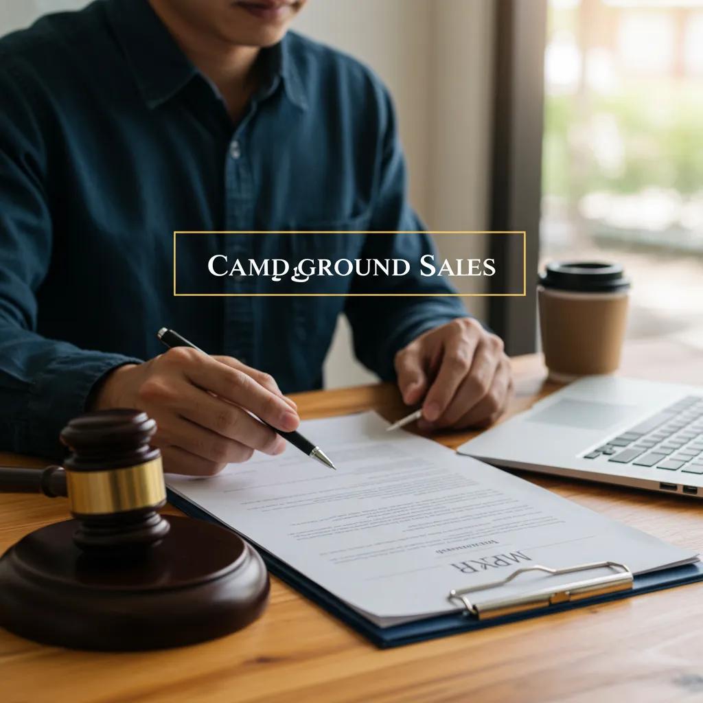 Legal professional reviewing campground sale documents, emphasizing the importance of legal considerations