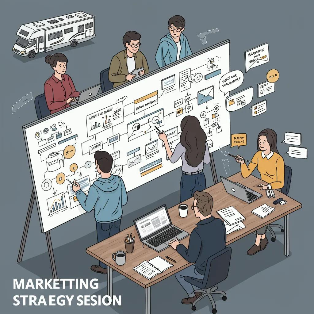 Marketing strategy session for an RV resort, showcasing a team brainstorming effective outreach ideas