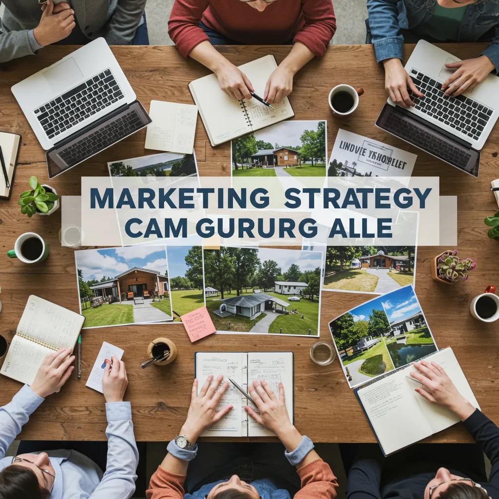 Marketing strategy session for campground sale with professionals collaborating over materials