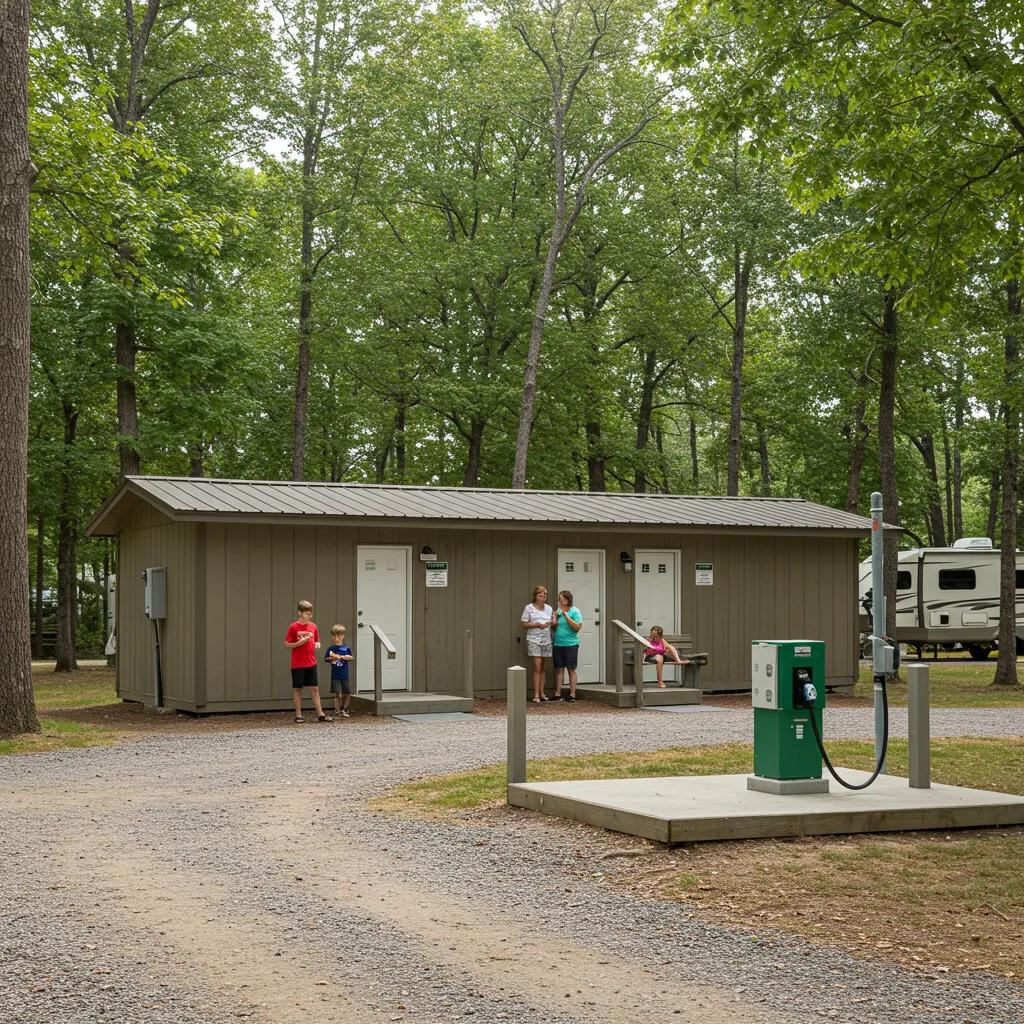 Modern campground bathhouse and utility hookups with families enjoying the amenities