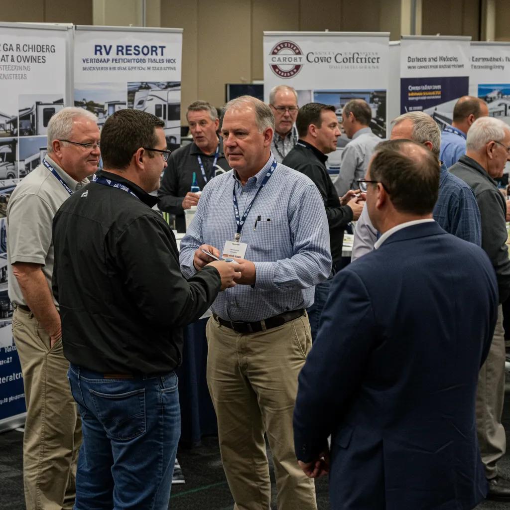 Networking event for RV resort owners with professionals engaging and exchanging ideas