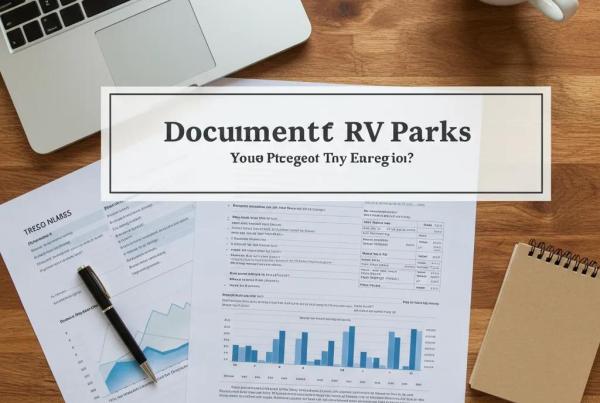 Organized workspace with documents and laptop representing document preparation for selling RV parks