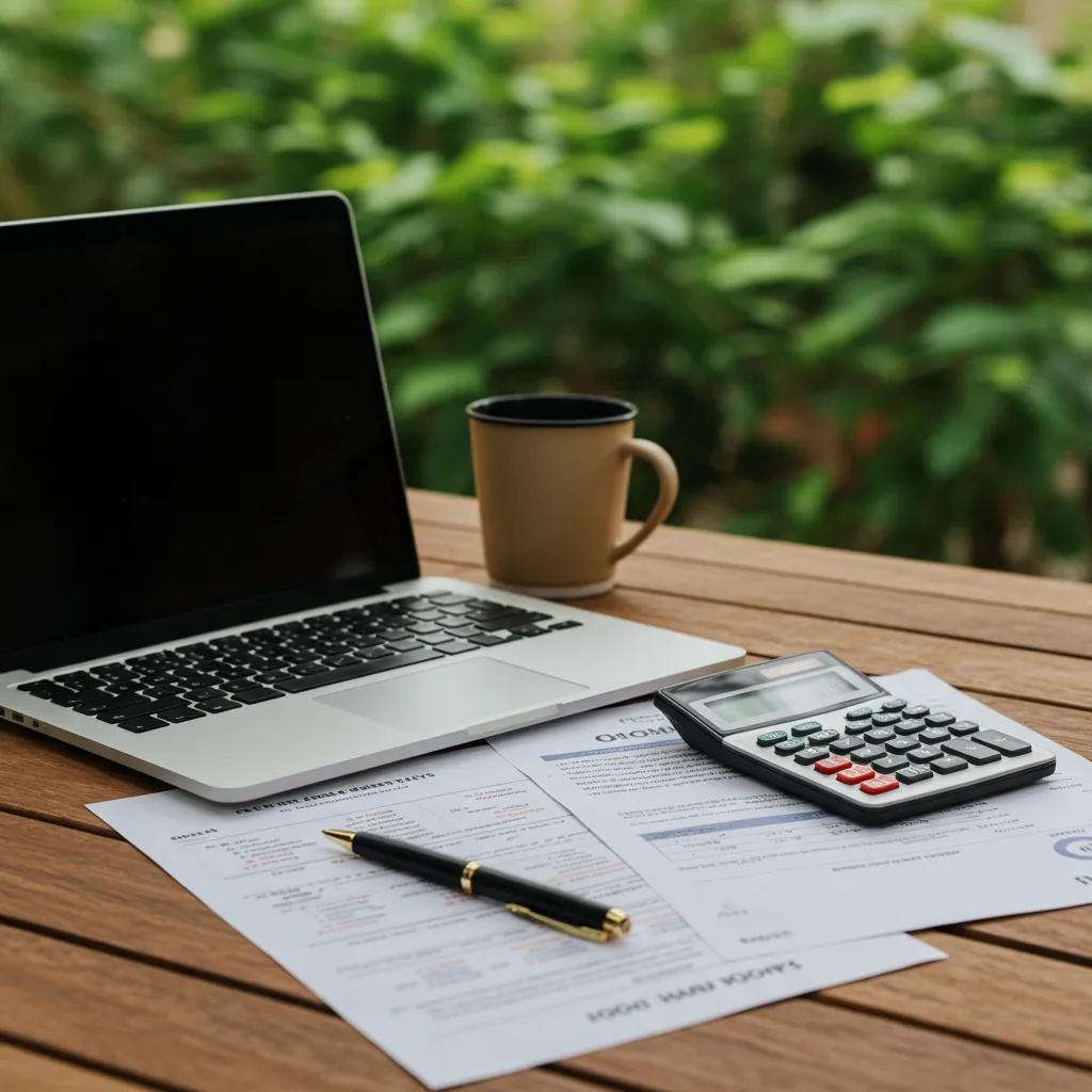 Organized workspace with financial documents and tools for campground sale preparation