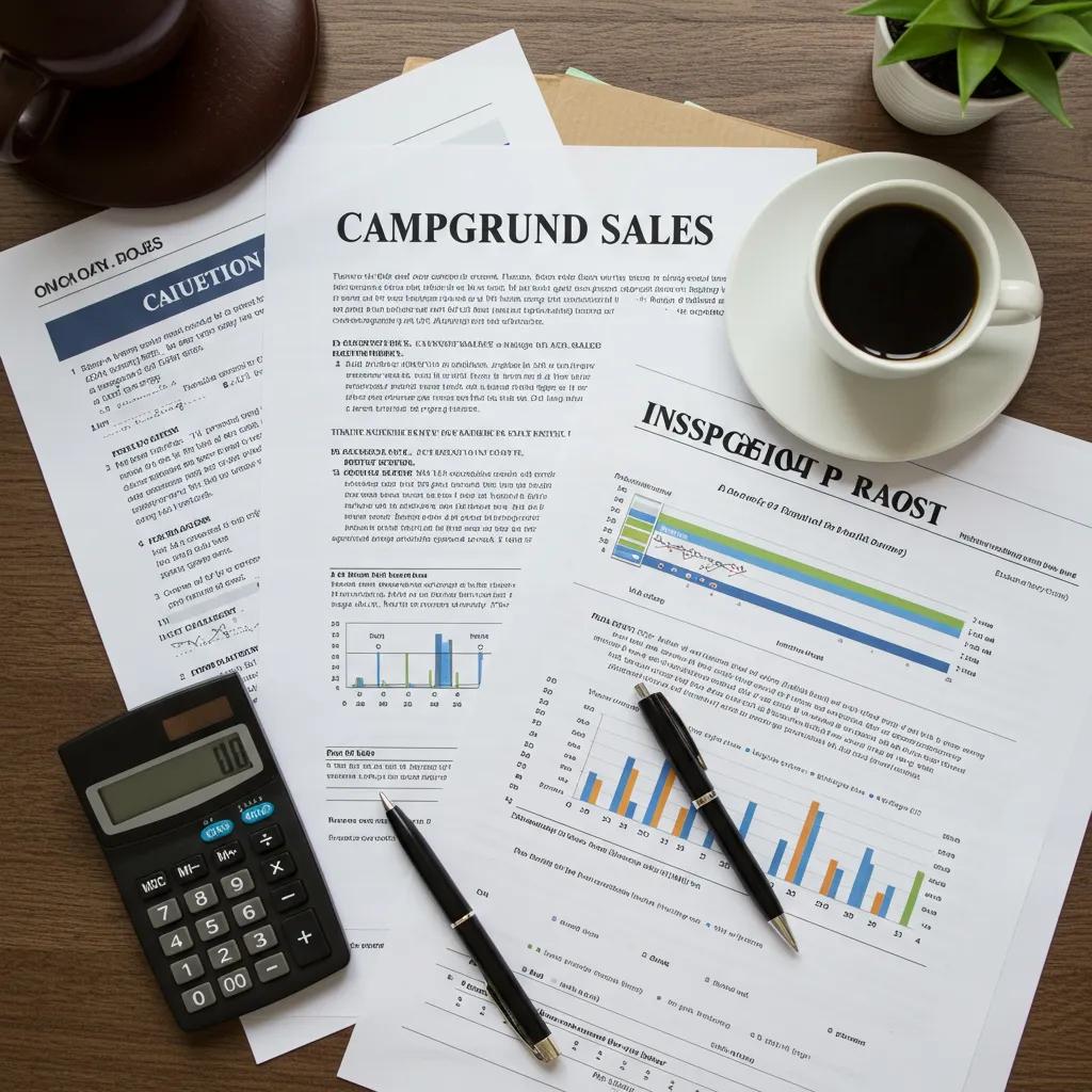 Overhead view of documents and tools related to hidden costs in campground sales