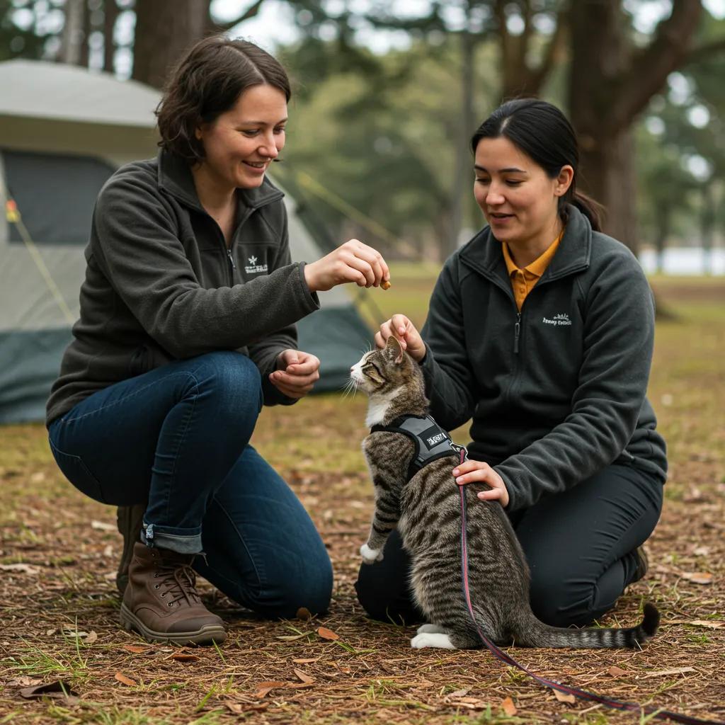 Owner training a cat to wear a harness in a calm outdoor campsite setting, promoting safe outdoor experiences