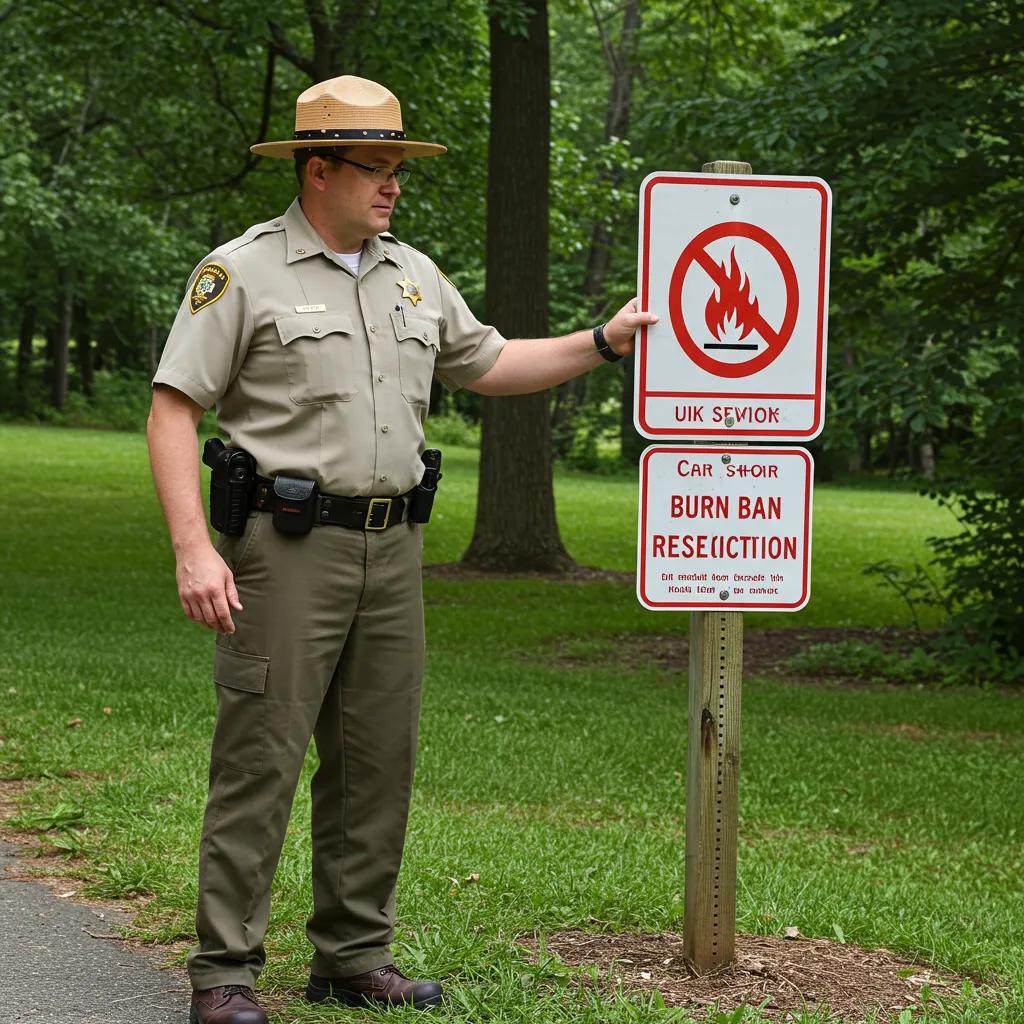 Park ranger checking burn ban sign in Michigan, emphasizing fire safety and regulations