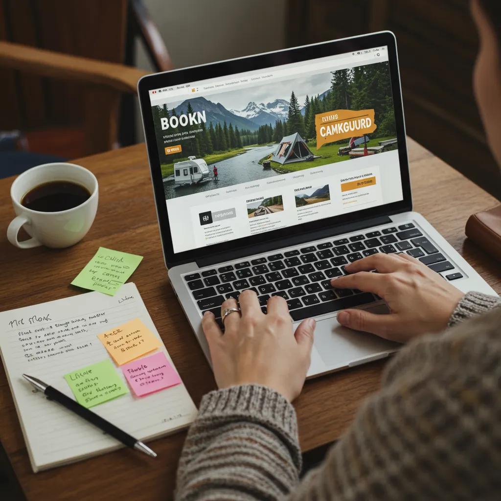 Person booking a campground online using a laptop surrounded by camping planning materials