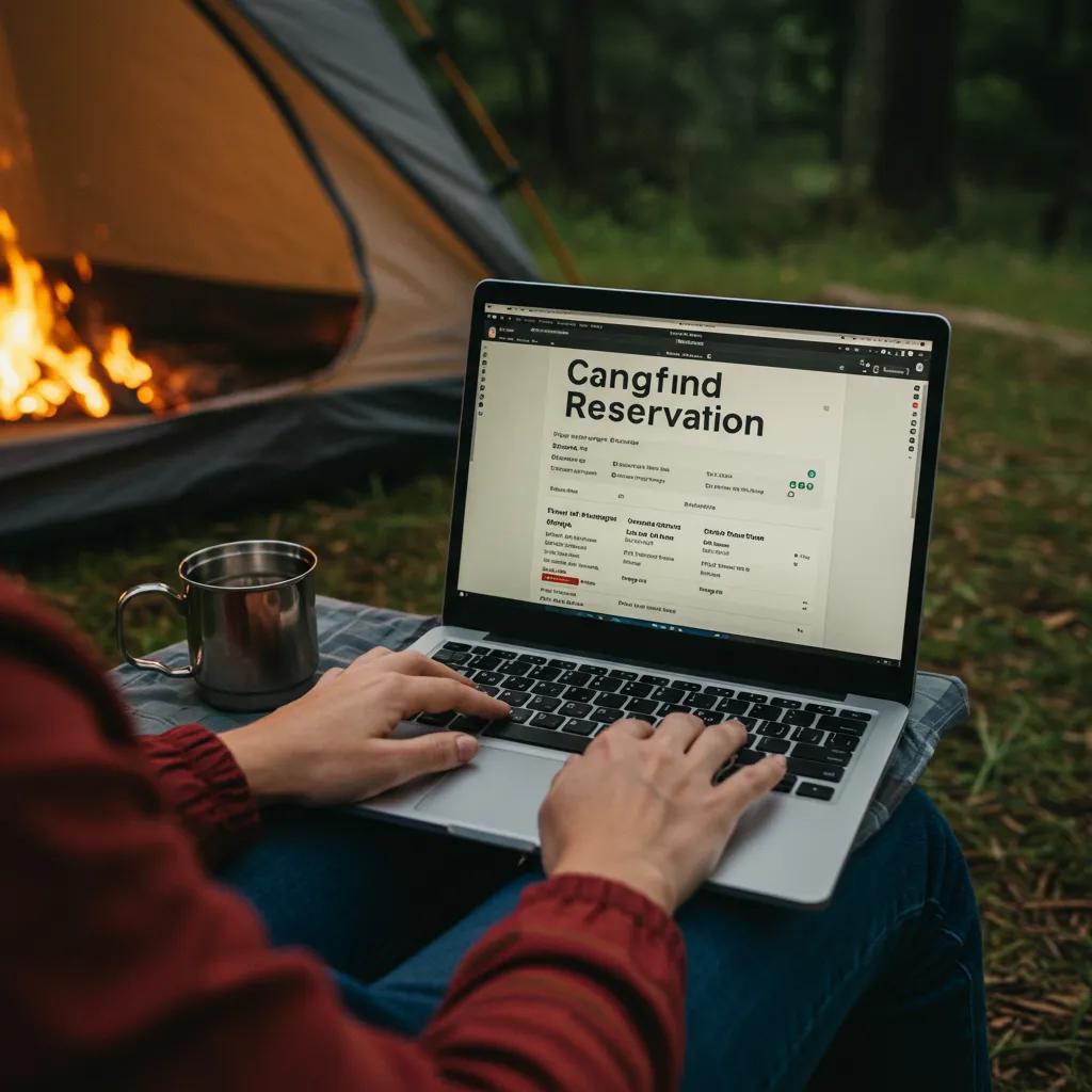 Person modifying campground reservation on a laptop at a campsite, illustrating the convenience of online booking management