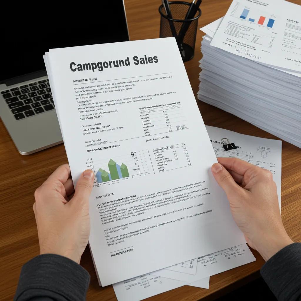 Person organizing financial documents for campground sale preparation