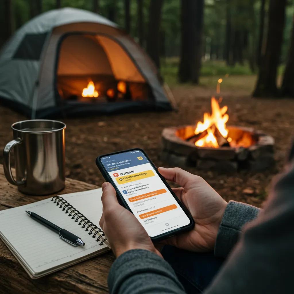 Person reading campground reviews on a mobile device with a cozy camping setup in the background