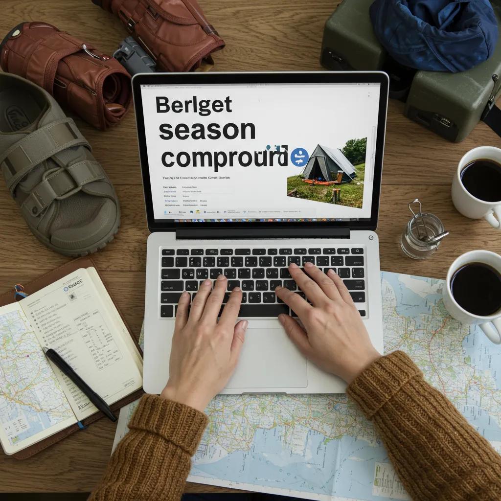 Person researching seasonal campgrounds online with camping gear and a map