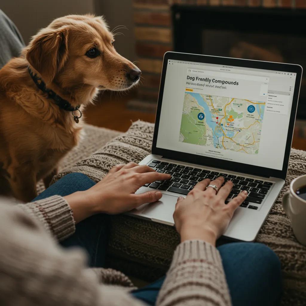 Person searching for pet-friendly campgrounds using online tools
