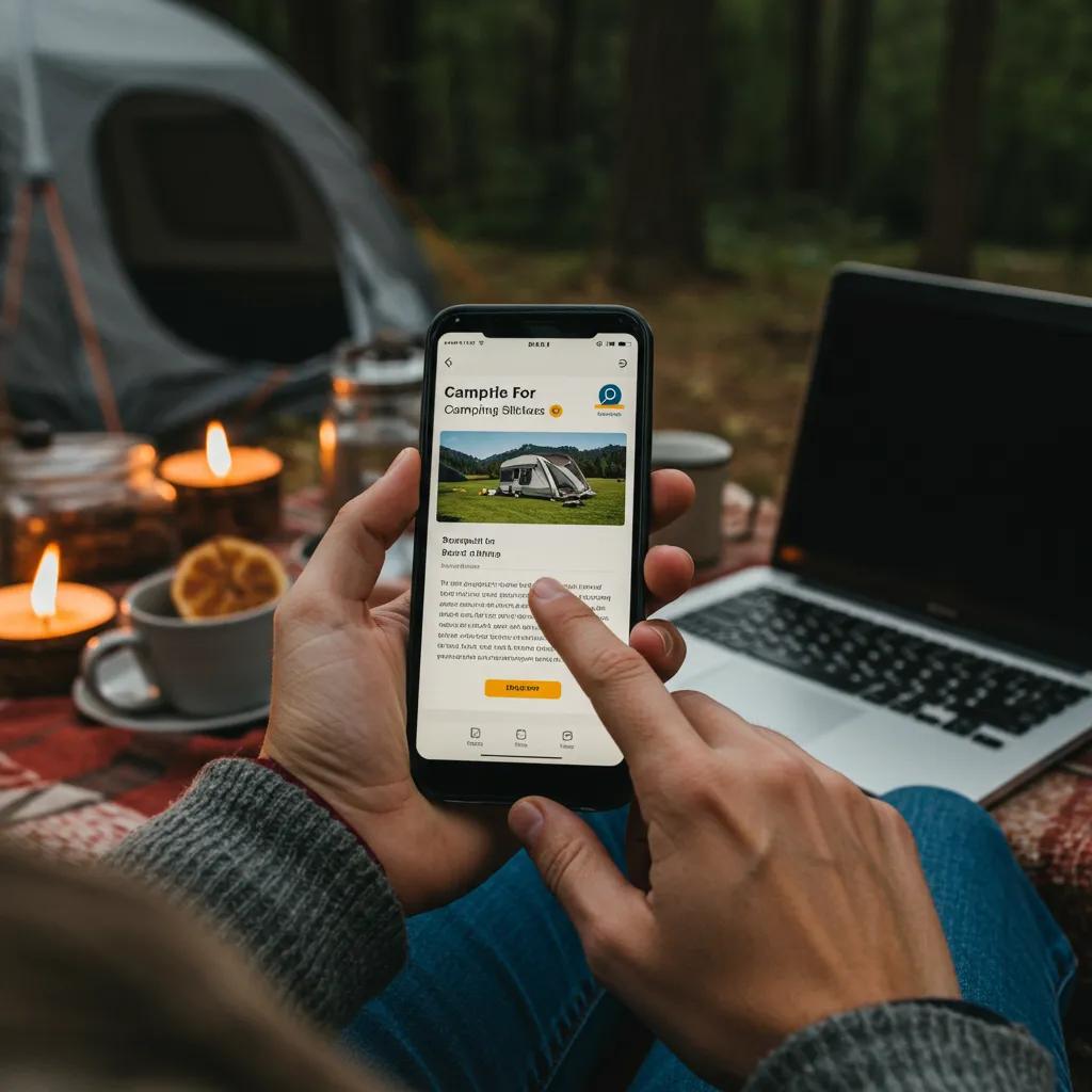 Person searching for seasonal camping sites on a smartphone in an outdoor setting