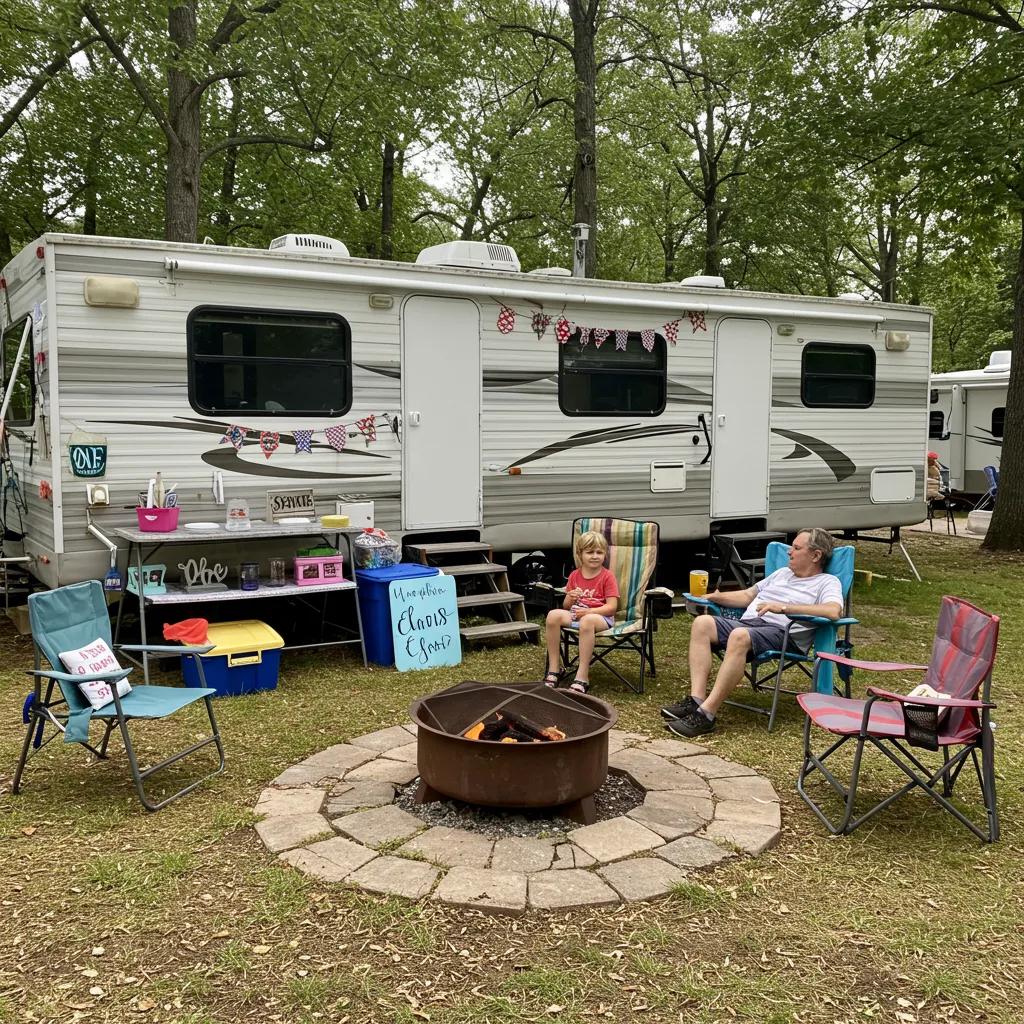 A personalized seasonal campsite with a family gathered around a fire pit, highlighting the sense of community