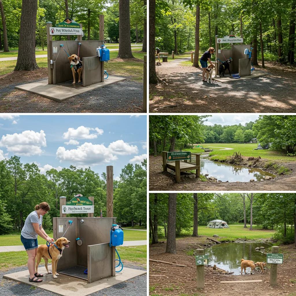Pet-friendly amenities at a Michigan campground, featuring a wash station and trails for dogs