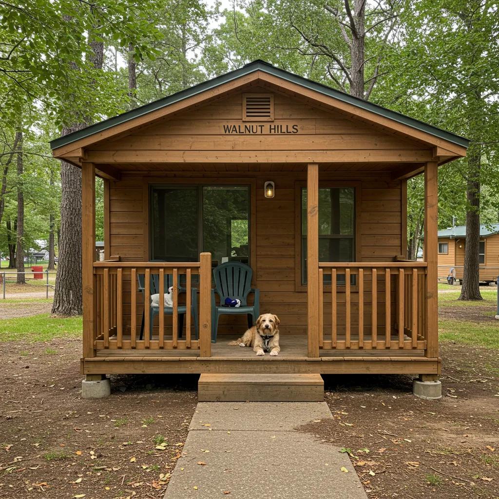 Pet-friendly cabin at Walnut Hills Family Campground with a dog outside, showcasing family-friendly accommodations