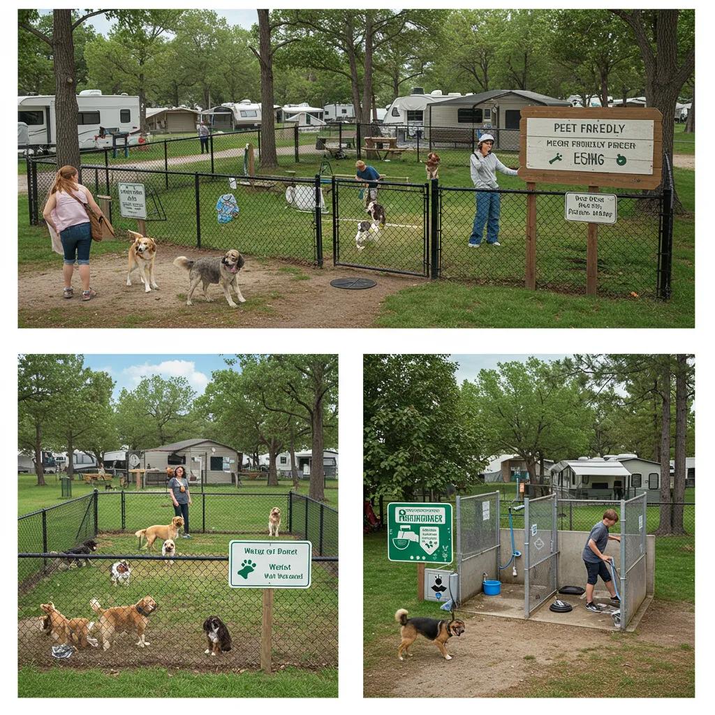 Pet-friendly campground amenities including a dog park, waste stations, and wash area