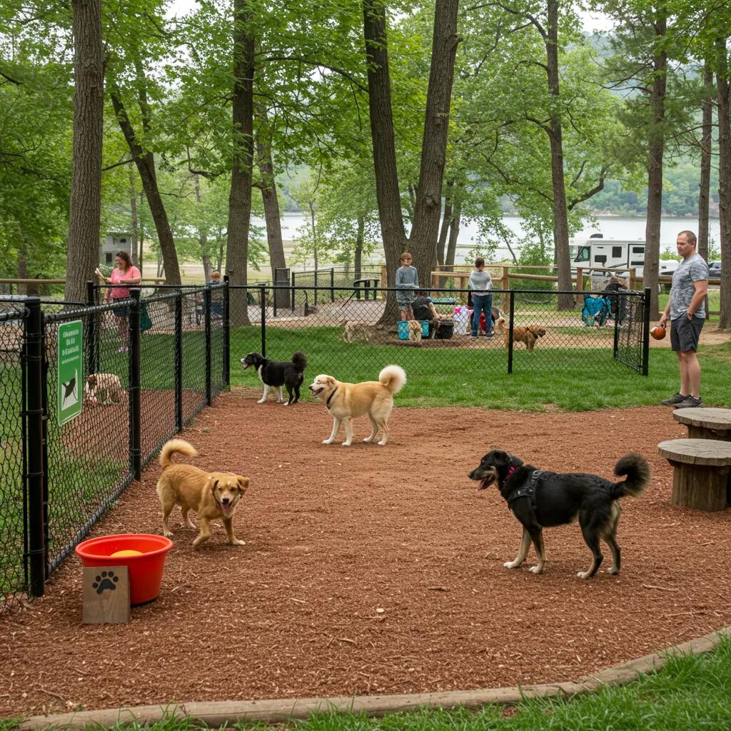 Pet-friendly campground amenities including a fenced dog park and families enjoying the space
