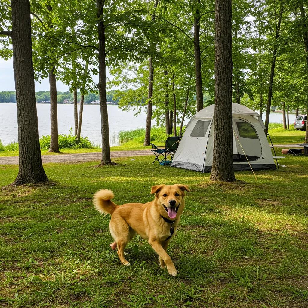 Pet-friendly camping scene in Michigan with a dog enjoying the outdoors