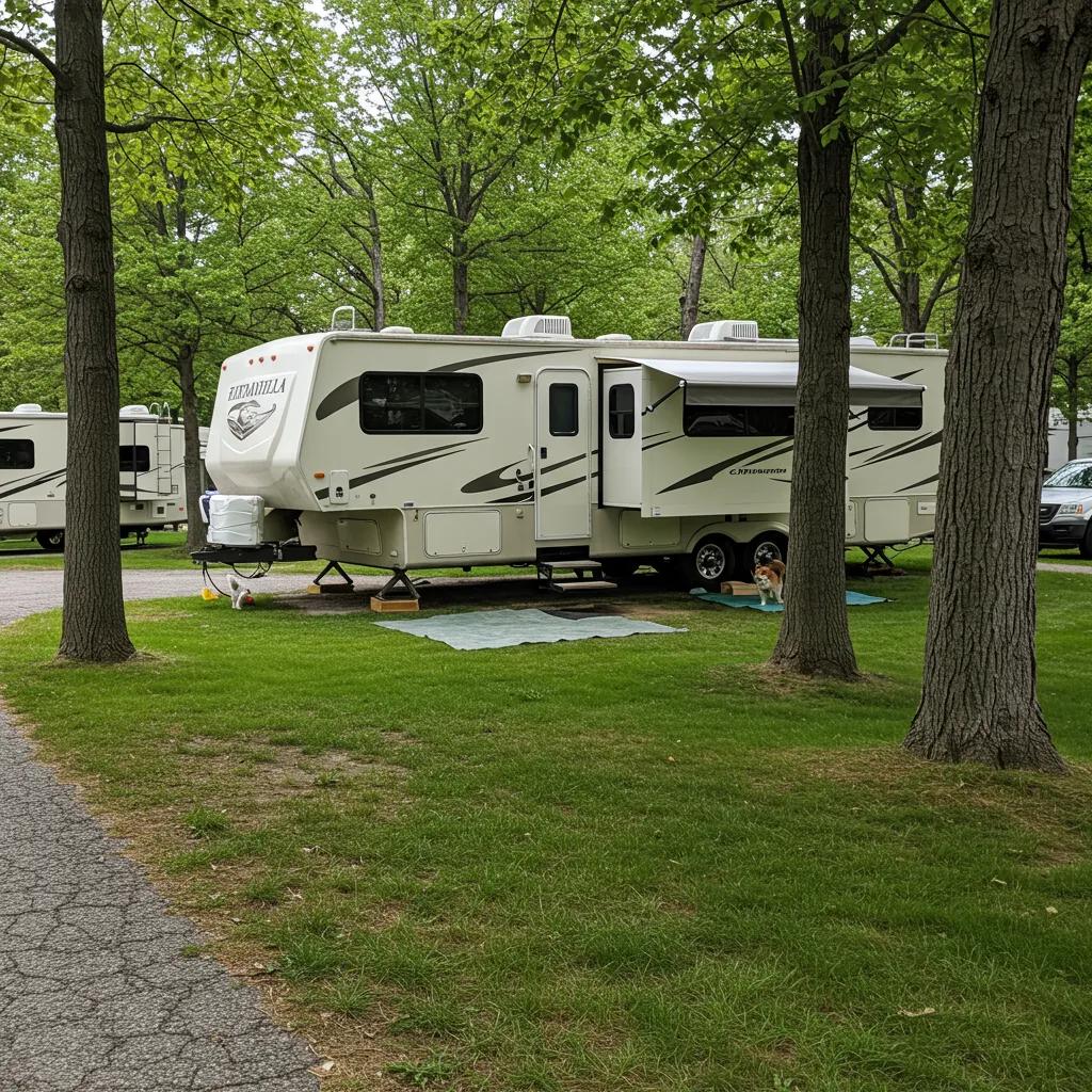 Pet-friendly RV site in Michigan with a dog playing outside