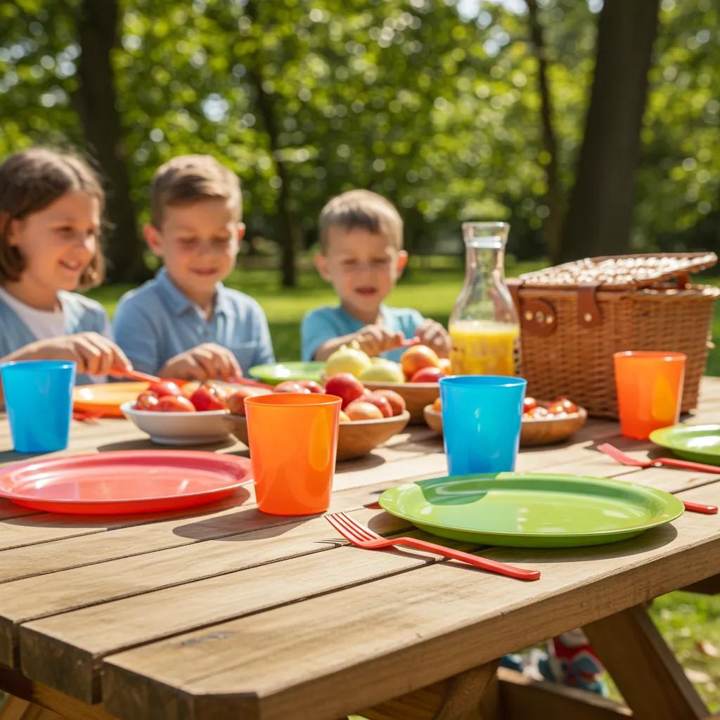 A beautifully set picnic table ready for a delicious outdoor meal in a natural setting