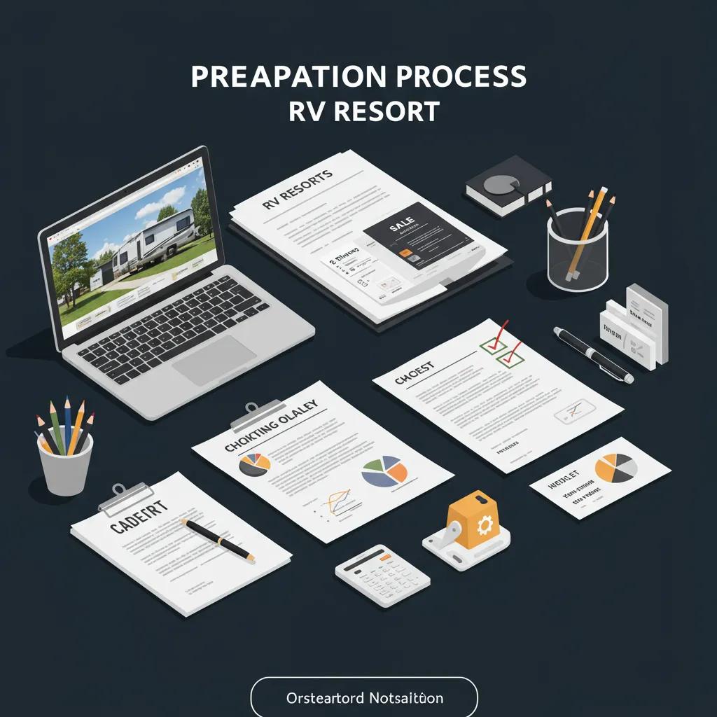 Organized documents and marketing materials for an RV resort sale