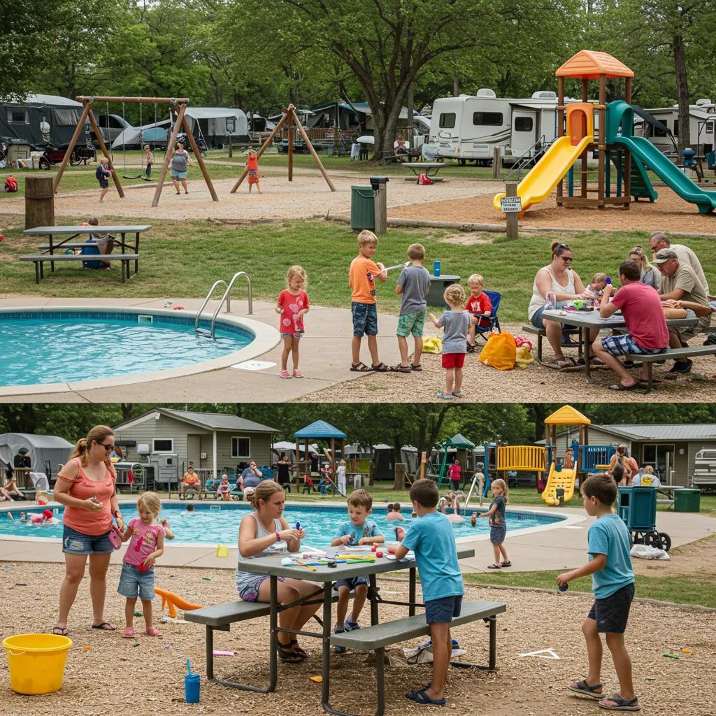 Private campground amenities featuring families enjoying a swimming pool, playground, and organized activities