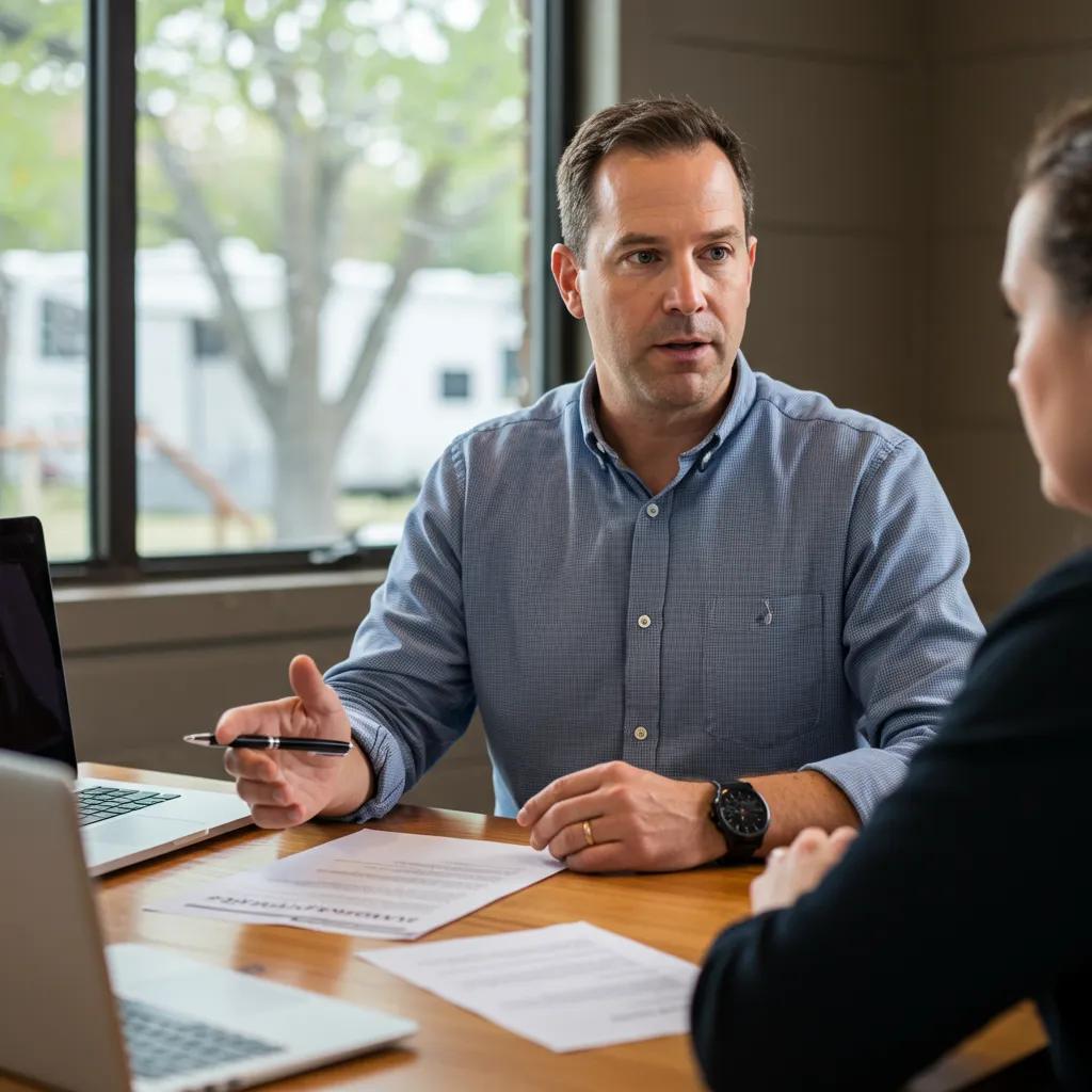 Professional campground broker consulting with clients about experience and track record in transactions