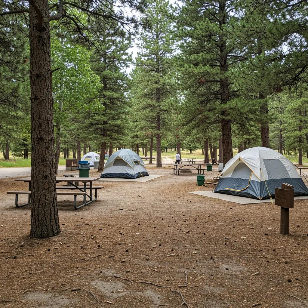 A rustic public campground near I-80 with basic facilities, tents, and natural surroundings
