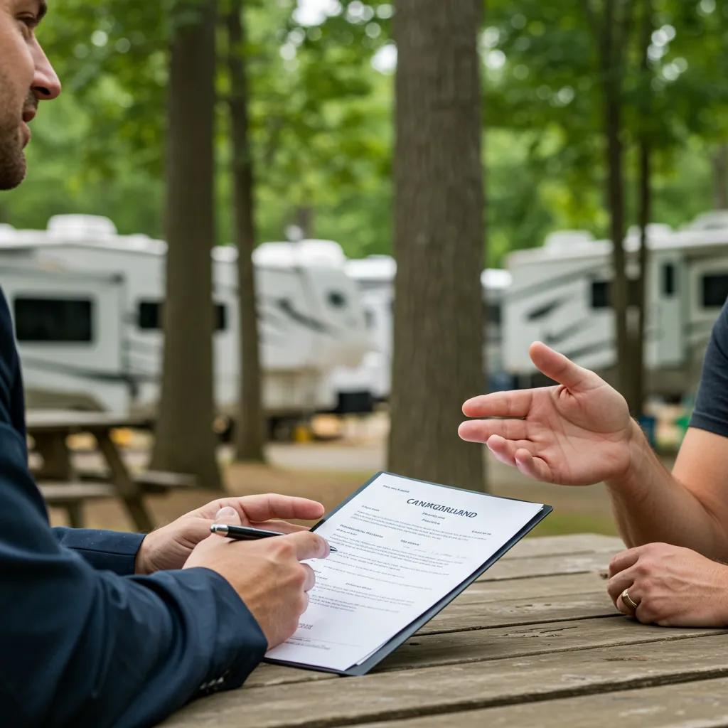 Real estate agent discussing campground broker fees with a seller at a picnic table