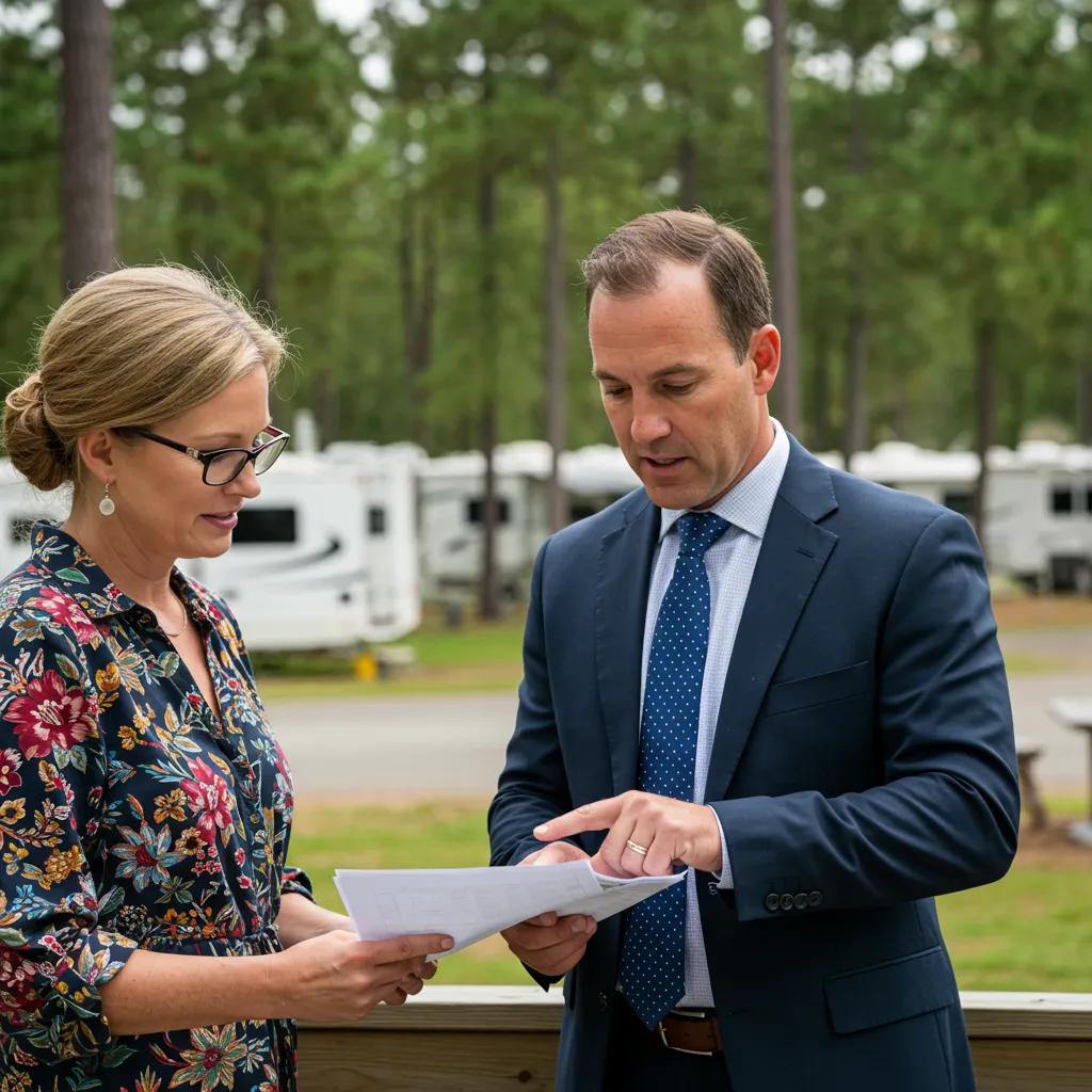 Real estate agent explaining campground valuation to a client in a natural outdoor setting, emphasizing market expertise