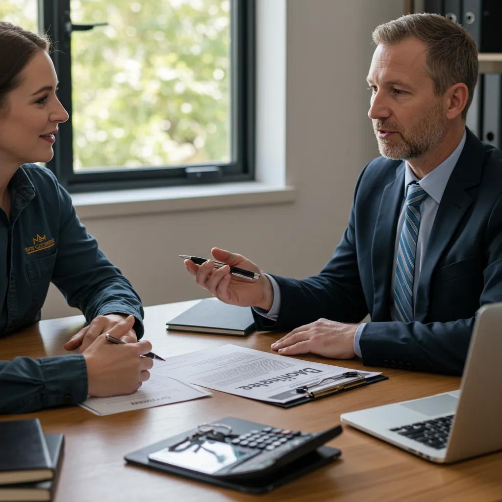 Real estate broker explaining commission rates to campground owner in a professional office setting