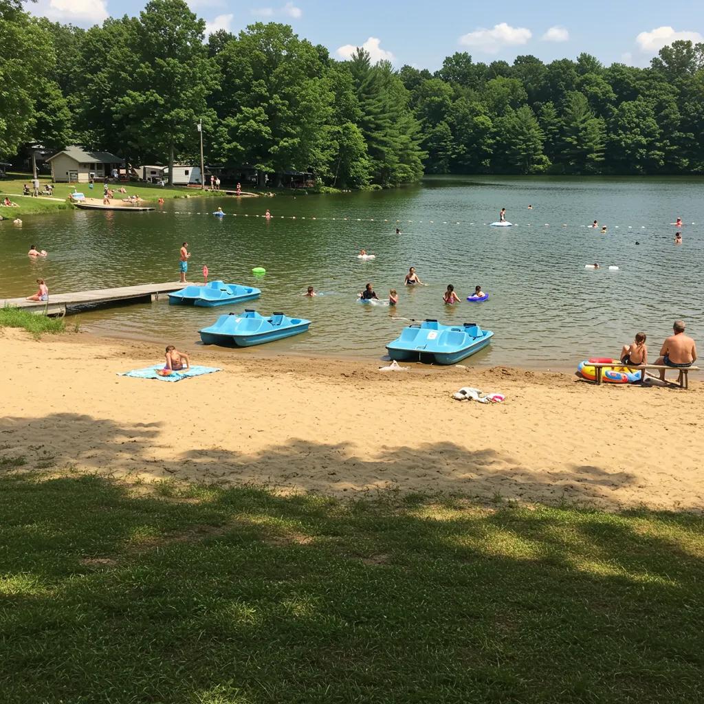 Ridge Ranch Campground in Northeast Ohio with a private lake and families enjoying water activities