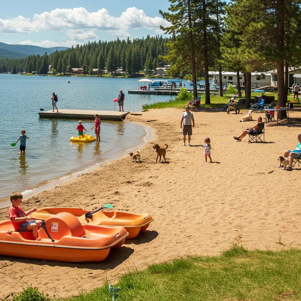 Ridge Ranch Campground's lakefront with families and dogs enjoying outdoor activities