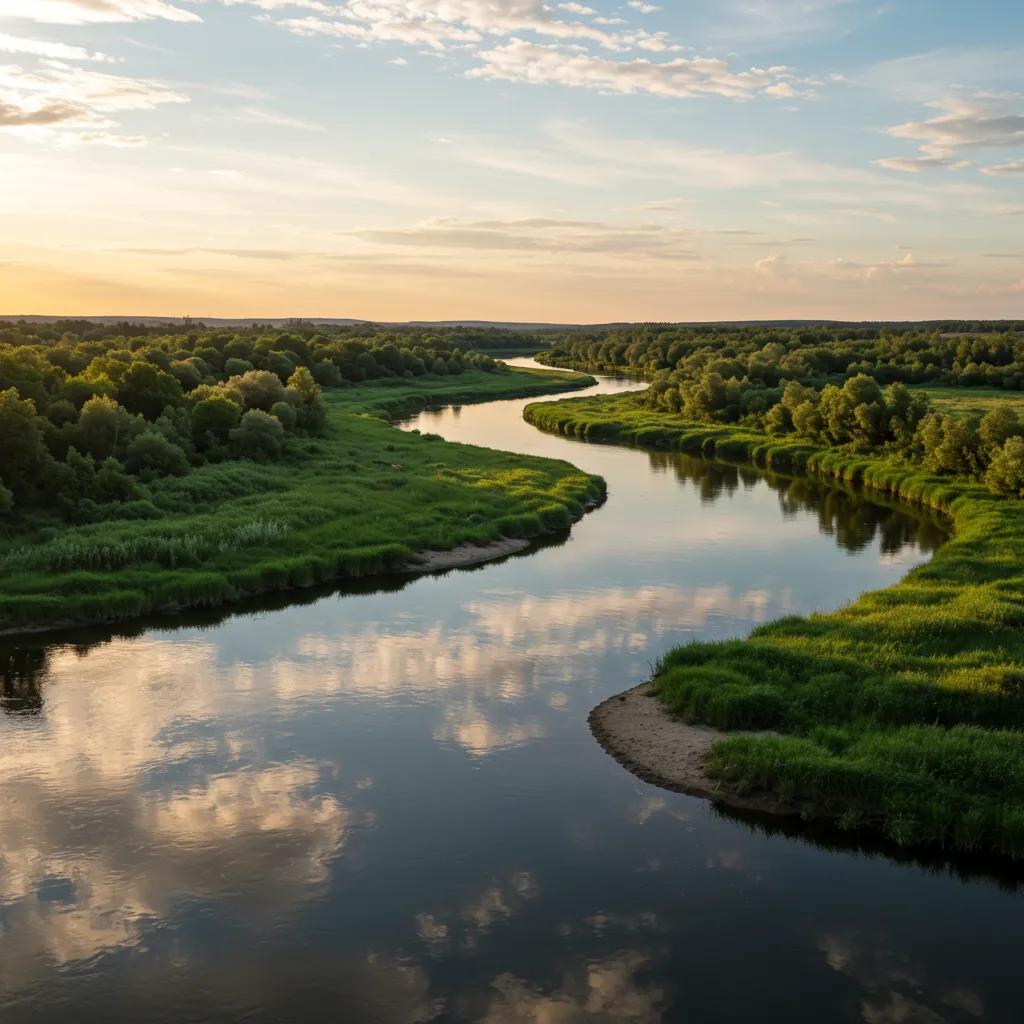 River landscape at golden hour with reflections and leading lines, perfect for photography