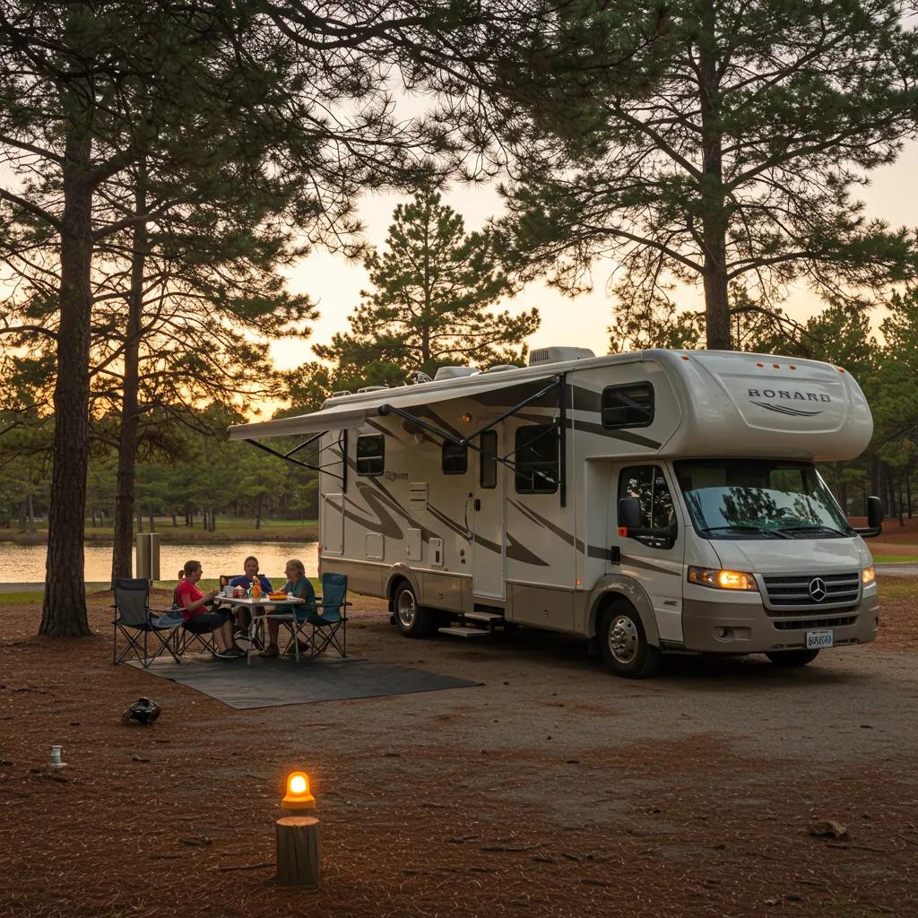 RV at a campground illustrating discounts for weekly and monthly stays