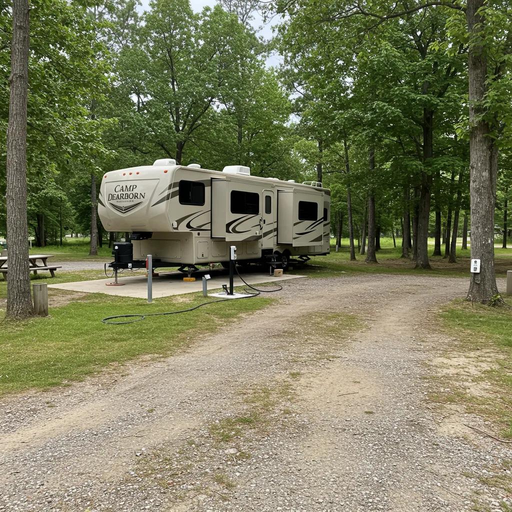 RV site at Camp Dearborn with electrical hookups and picnic table in a natural setting