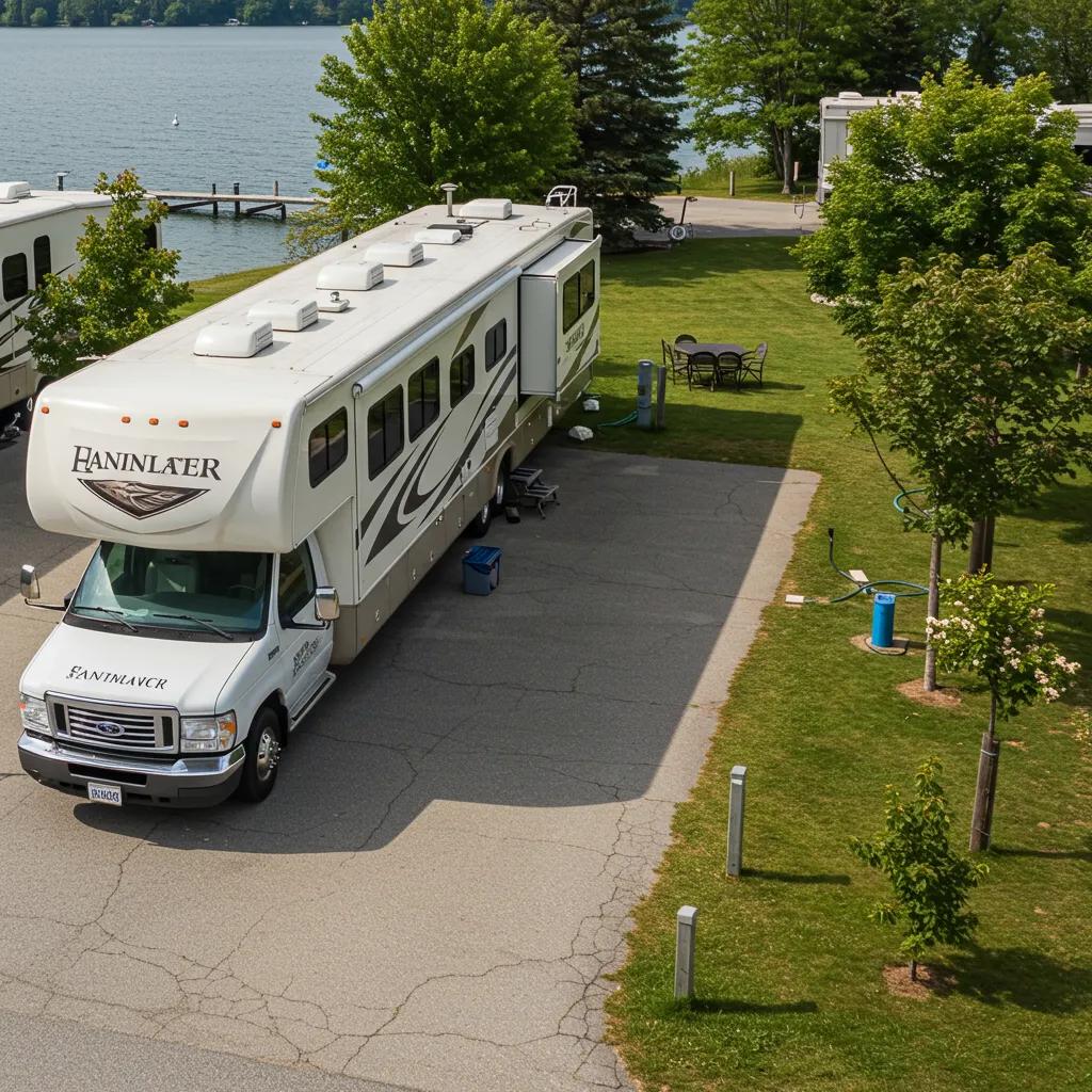 RV site with full hookups and waterfront access, highlighting family-friendly amenities